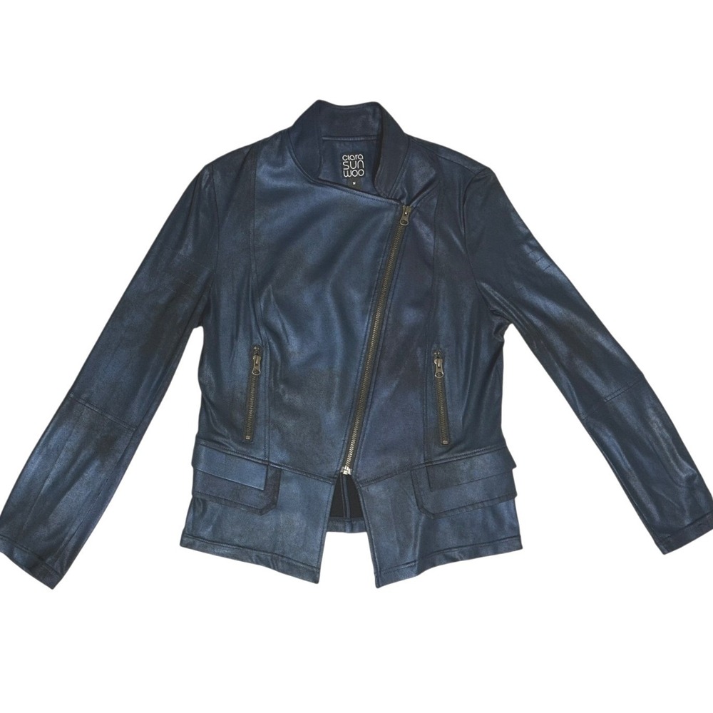 Clara Sunwoo Moto Jacket Women Navy Blue Liquid Leather Shimmer Zip Urban Chic M